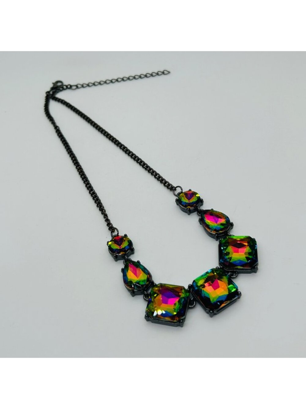 Oil Spill Iridescent Necklace Acrylic ChokerGunmetal Chain Multi-Color Rainbow